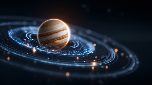space technology innovation concept, digital hologram of solar system, futuristic interface