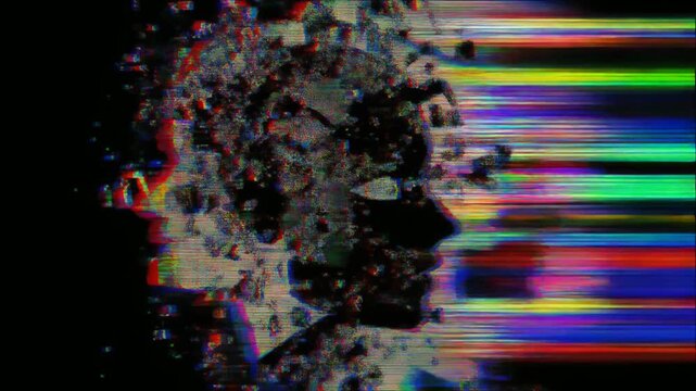 デジタルノイズに侵食され崩壊する立体顔シルエットの抽象グリッチアニメーション