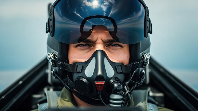 Close up of a young male fighter pilot wearing a flight helmet and oxygen mask in a cockpit
