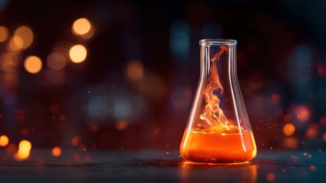 Vibrant chemical reaction with luminous orange liquid and dancing flames in a laboratory flask