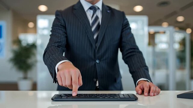 銀行カウンターで手続きの要点を示す指差し、スーツ手元の信頼感ある接客シーン