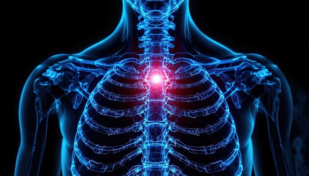 Human chest cavity displays a glowing red point of pain within the rib cage structure.