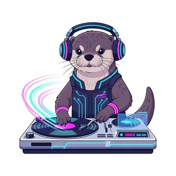 Cartoon illustration featuring an otter DJ wearing headphones and a futuristic vest, mixing music on a turntable