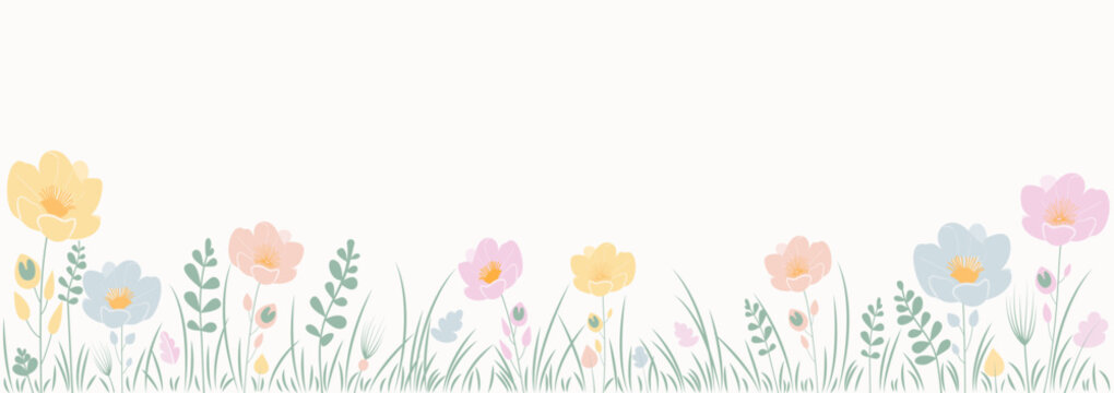 Beautiful spring, summer meadow, colorful flowers and grass border on white background, light pastel color palette, vector illustration