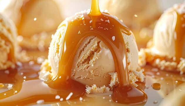 Vanilla ice cream dessert with chocolate and caramel on a plate