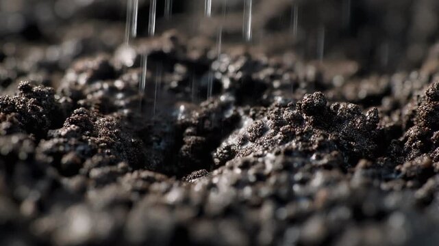 Rain falls on wet soil ground.