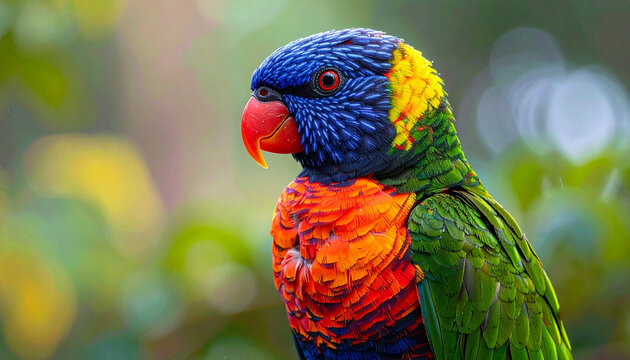 Colorful rainbow lorikeet and red-yellow macaw sitting on a tropical tree branch in nature