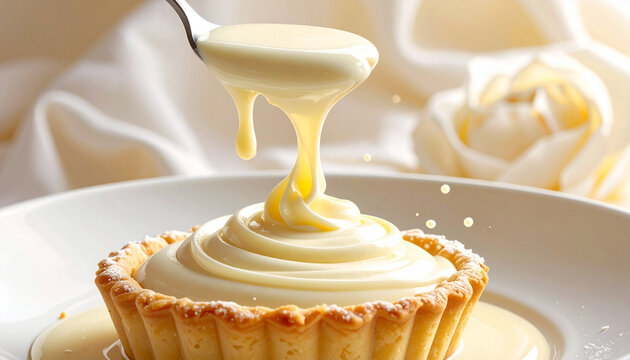 Vanilla ice cream with lemon meringue pie and assorted sweet desserts on a plate