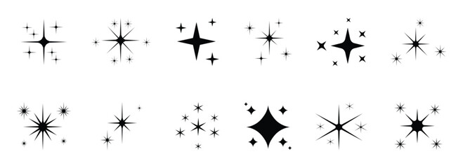 Hand drawn star sparkle shine icons set. Star shine twinkle glow, spark glitter, magic party light vector. Sparkling star, vector glowing star light effect. Vector illustration. © Luna Visuals