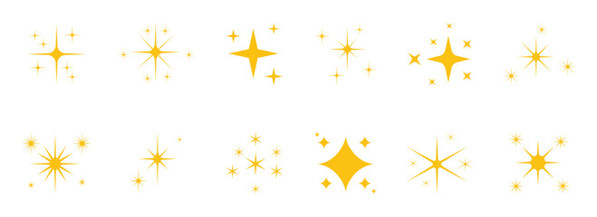 Hand drawn star sparkle shine icons set. Star shine twinkle glow, spark glitter, magic party light vector. Sparkling star, vector glowing star light effect. Vector illustration. © Luna Visuals