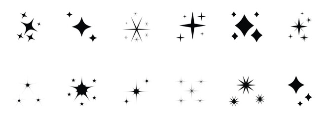 Hand drawn star sparkle shine icons set. Star shine twinkle glow, spark glitter, magic party light vector. Sparkling star, vector glowing star light effect. Vector illustration. © Luna Visuals