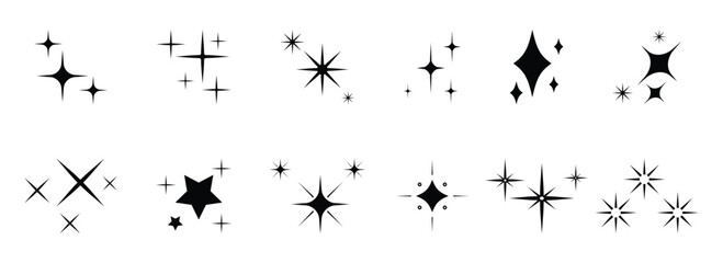 Hand drawn star sparkle shine icons set. Star shine twinkle glow, spark glitter, magic party light vector. Sparkling star, vector glowing star light effect. Vector illustration. © Luna Visuals