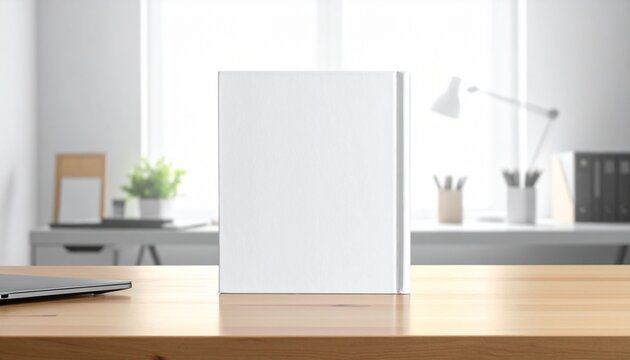 A blank white book stands on a wooden desk in a bright, modern office setting, ready for customization or design