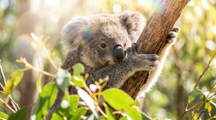 Obraz premium Koala clinging to a tree branch in sunlight