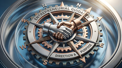 Naklejka premium Metallic Handshake and Compass Symbolizing Entrepreneurial Guidance, Direction, and Purpose