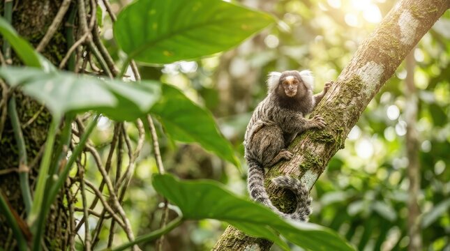Small monkey clinging to a mossy tree branch in a lush rainforest.