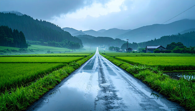 Wet country road through rice fields in Japanese rural landscape after rain