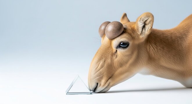 Close-up portrait of a curious Saiga antelope with unique nasal structure examining a glass prism