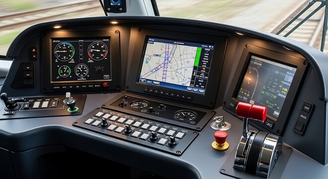 Modern train control panel interior technology.