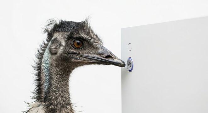 Curious Emu presses a button on a modern electronic device in a studio setting
