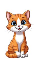 Fototapeta premium Cartoon illustration of a cheerful orange tabby cat with large, expressive blue eyes, sitting upright. The cat has a white chest and a happy grin