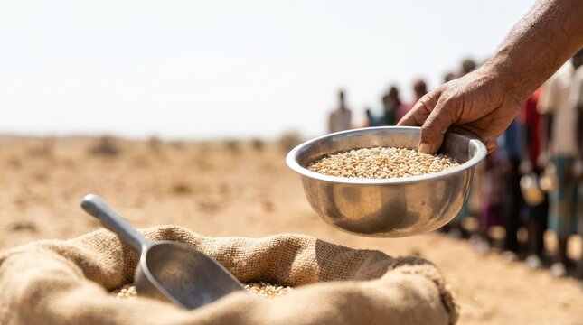 Hand holding a bowl of grains, distribution in a dry, arid setting.