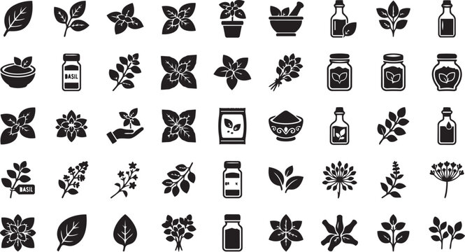 Set of black and white basil and oregano icons for culinary and herbal use, flat vector design with various plant forms.