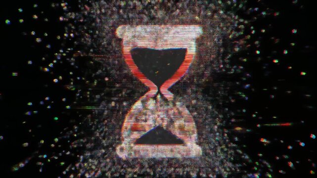デジタルノイズに崩れる立体砂時計のグリッチ抽象背景