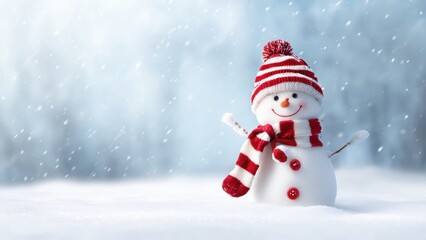 Fototapeta premium Cheerful smiling snowman wearing a festive red and white striped hat and scarf in a winter wonderland.