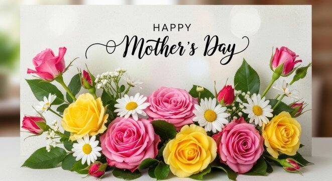 Happy Mother's Day greeting card with pink flowers and yellow sun