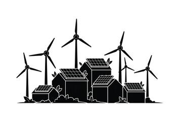 A minimalist landscape featuring wind turbines and houses a striking silhouette © Sumon