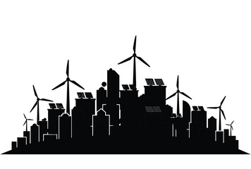 A modern cityscape with wind turbines and solar panels a striking silhouette © Sumon