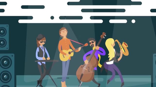 2D Animation of a Music Band Performing Live on Stage with Instruments, Entertainment and Concert Concept