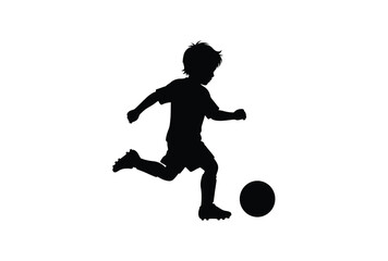 A young boy playfully kicks a soccer ball in dynamic pose silhouette © Sumon