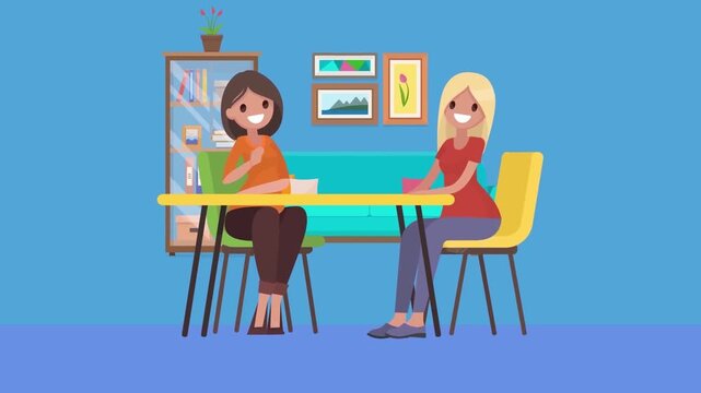 2D Animation of Two Women Sitting at a Table Talking, Friendship and Social Lifestyle Concept, 