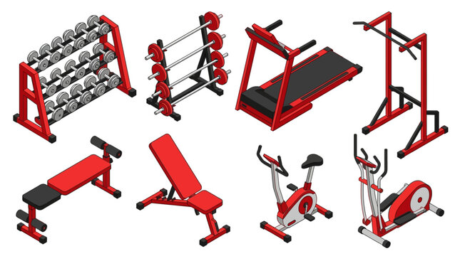 Collection of various red and silver gym equipment on a white background