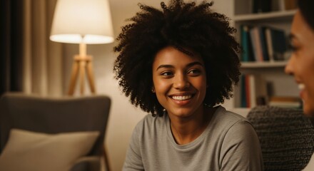 Fototapeta premium Young Black Woman Smiling During Meaningful Conversation in Cozy Living Room at Night