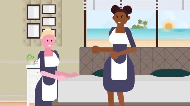 2D Animation of a Hotel Maid Cleaning a Luxury Room with an Ocean View, Hospitality and Housekeeping Concept