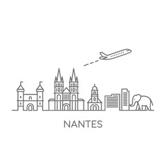 Obraz premium Nantes Skyline Illustration Minimalist Line Art with Airplane and Elephant