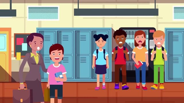 2D Animation of a Family and Students Near School Hallway Lockers, Education and Back to School Concept