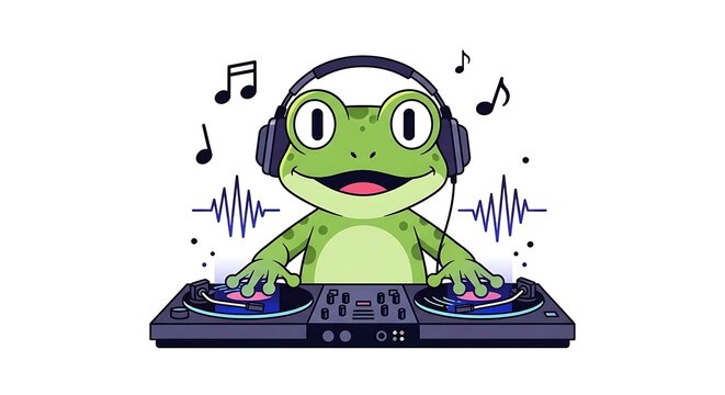 Cartoon illustration of a frog with headphones, mixing music on a DJ turntable. Musical notes and soundwaves are also present
