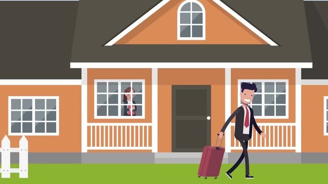 2D Animation of a Businessman with a Suitcase Leaving a Suburban House, Travel and Departure Concept