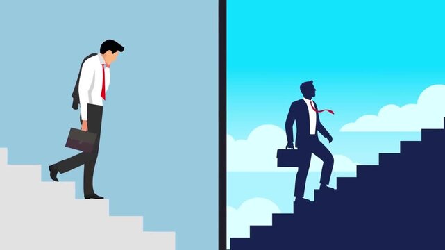 2D Animated Concept of a Man Walking Up Stairs to Success, Career Growth and Motivation Concept