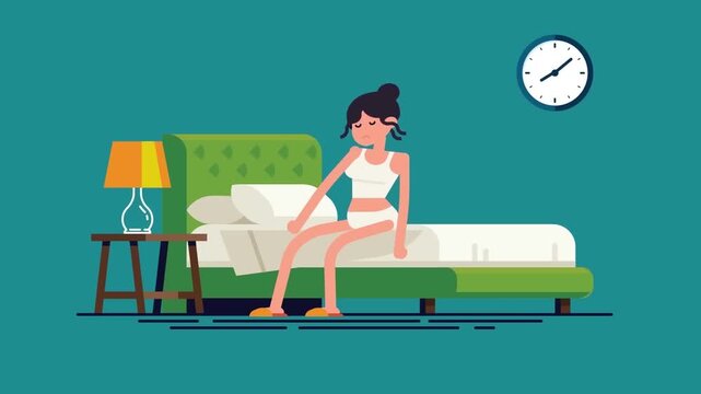 2D Animation of a Woman Sitting in Bed with Morning Sunlight, Daily Routine and Wellness Concept