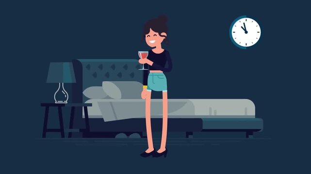 2D Animated Scene of a Person Using a Smartphone in Bed at Night, Technology and Insomnia Concept