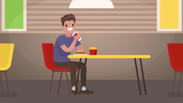 2D Animation of a Man Eating Alone at a Restaurant Table, Urban Dining and Food Service Concept