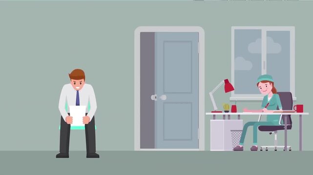 2D Animated Scene of a Man Waiting for an Interview or Welfare Assistance, Social Support Concept