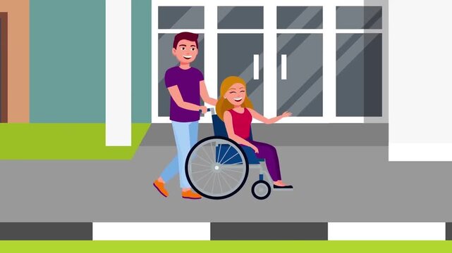 2D Animation of a Man Pushing a Woman in a Wheelchair, Inclusion and Disability Care Concept