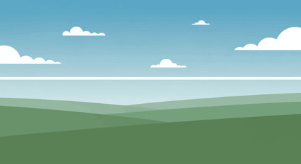Fototapeta premium A serene landscape of rolling hills under a clear sky with fluffy clouds.