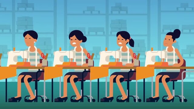 2D Animated Scene of Women Working at Sewing Machines in a Factory, Textile and Industry Concept